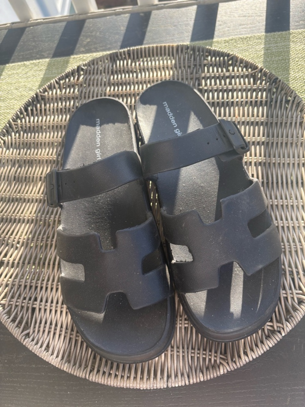 Madden Girl Womens Black Slide Sandals with Adjustable Strap